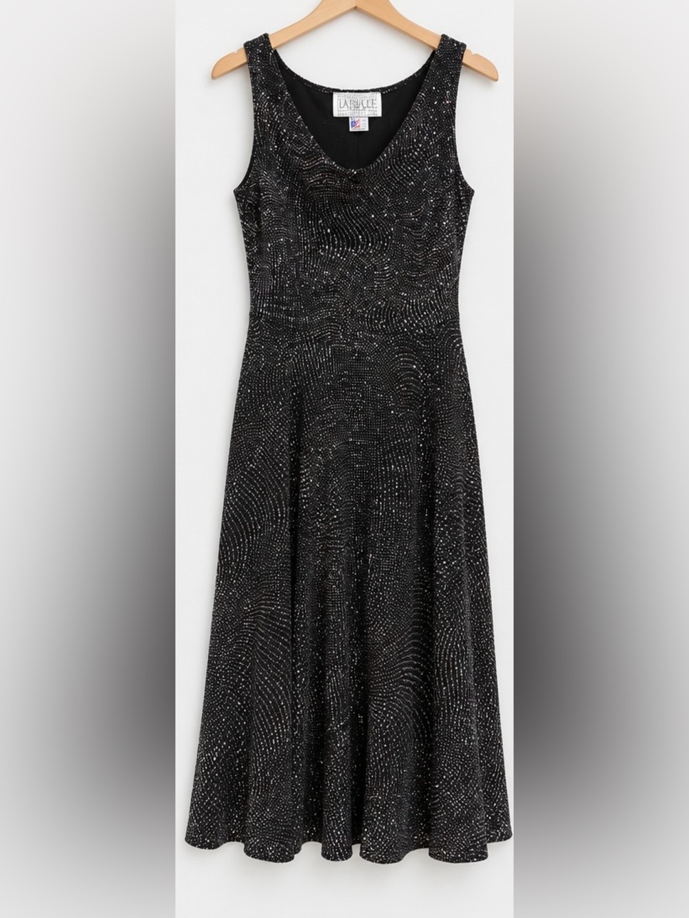 NWOT Vintage La Belle Black Glitter Sparkle Midi Dress M USA